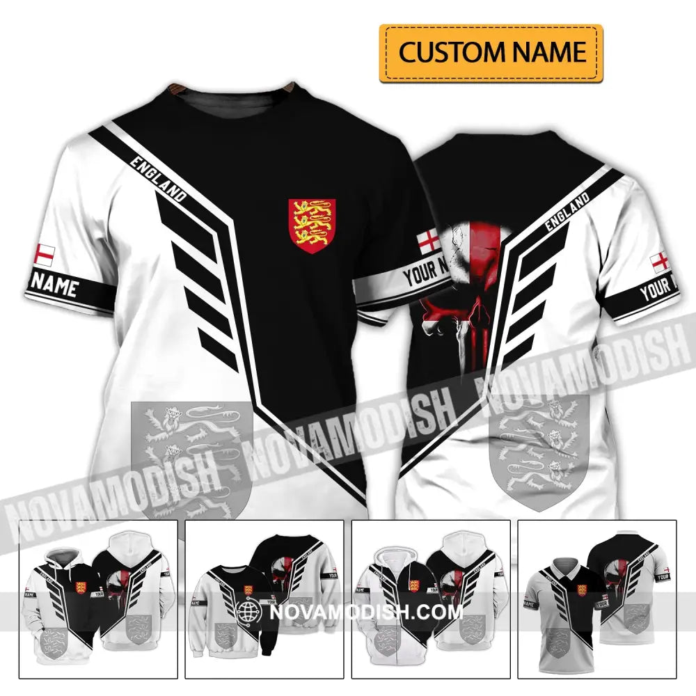 Unisex Shirt - Custom Name 3D Shirt - England Lover Black And White Design T-shirt