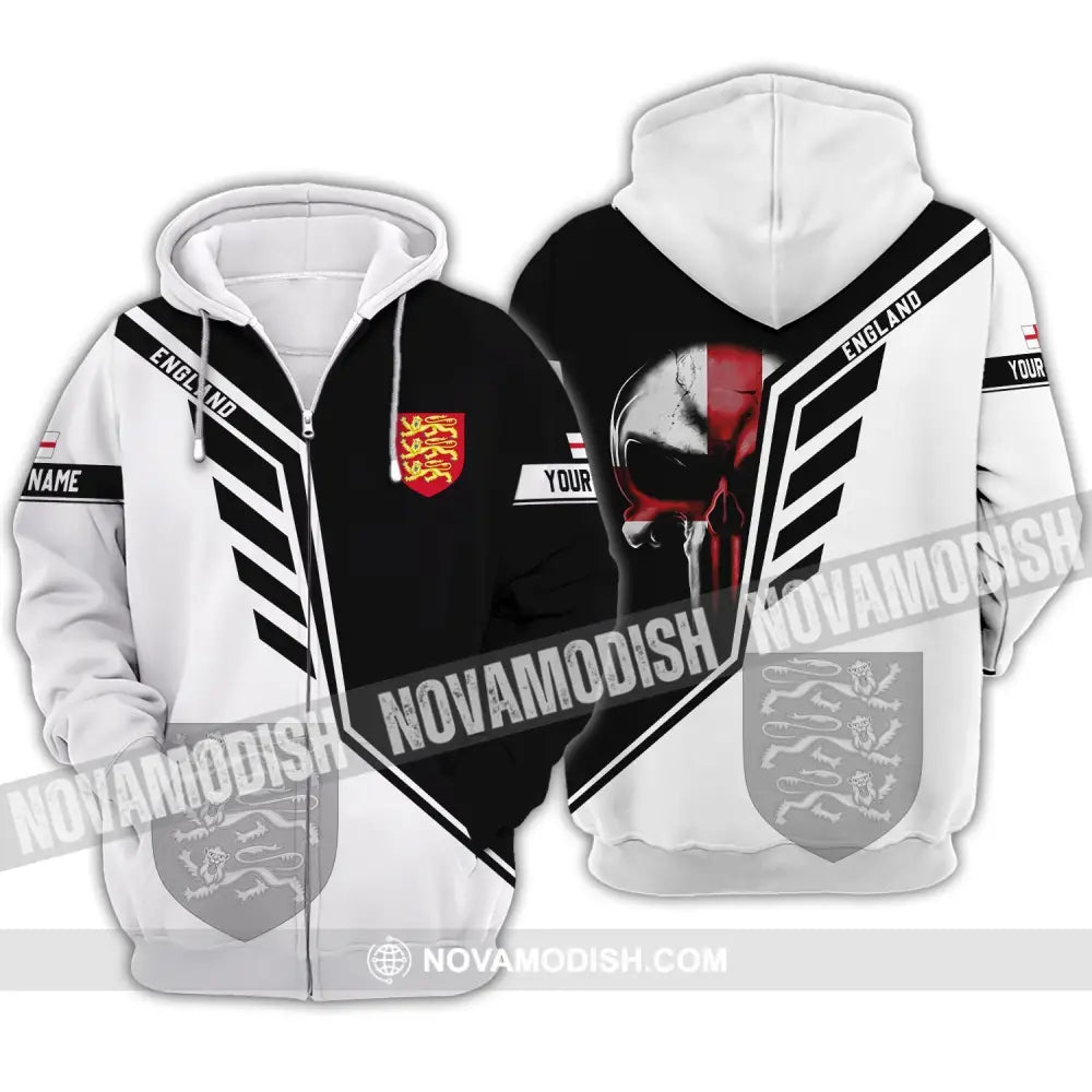 Unisex Shirt - Custom Name 3D Shirt - England Lover Black And White Design Zipper Hoodie / S T-shirt