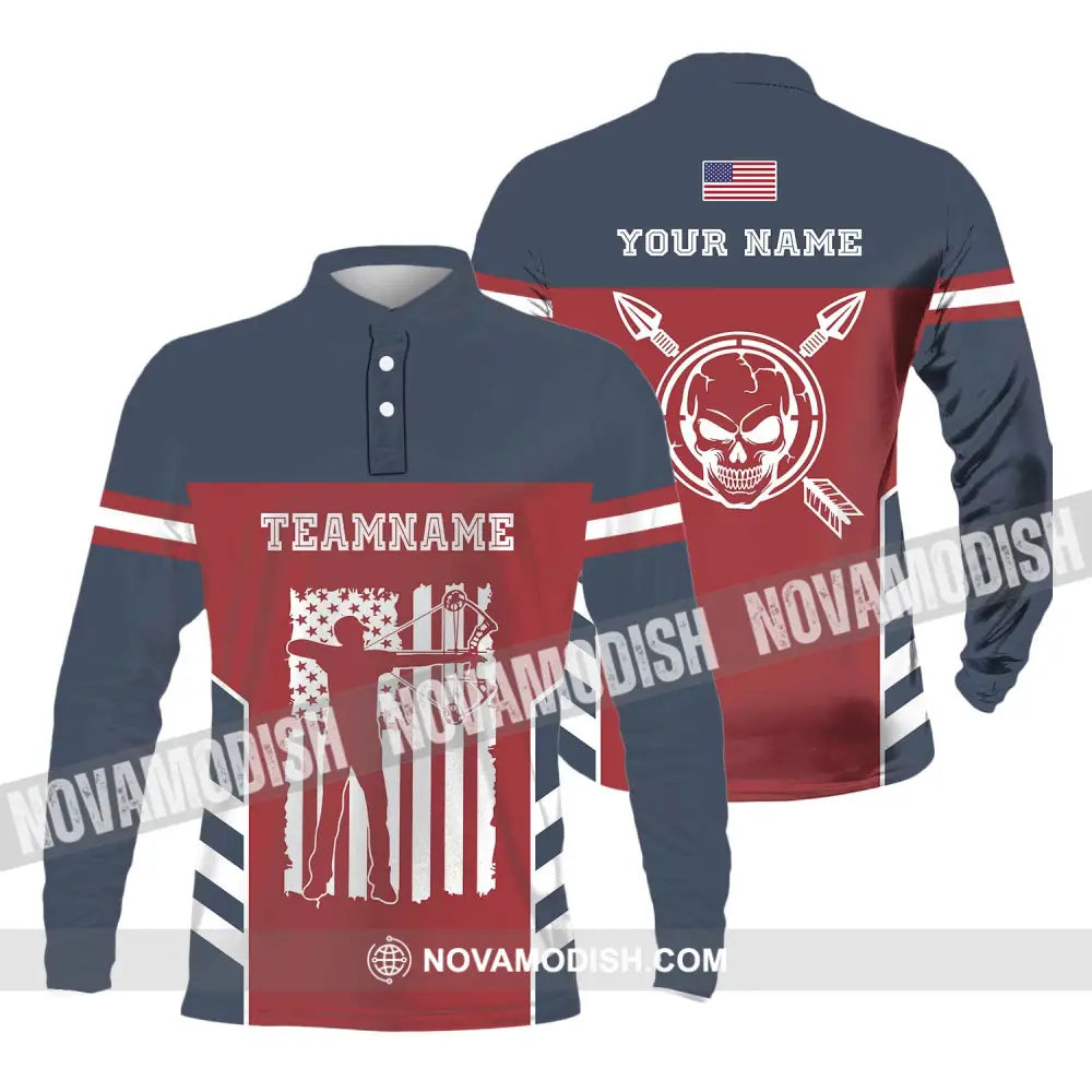 Unisex Shirt - Custom Name America Archery Shirt Long Sleeve Polo / S T-shirt
