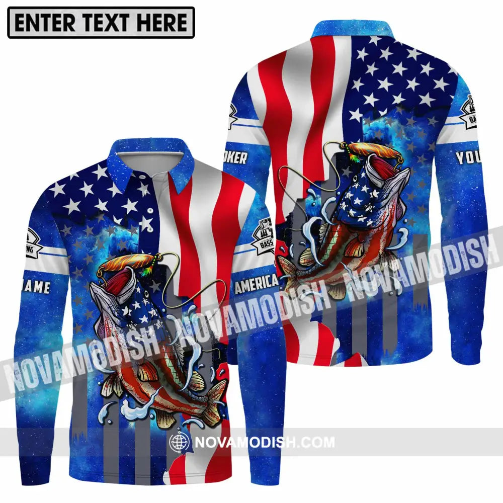 Unisex Shirt - Custom Name Shirt American Bass Fishing Long Sleeve Polo / S T-shirt