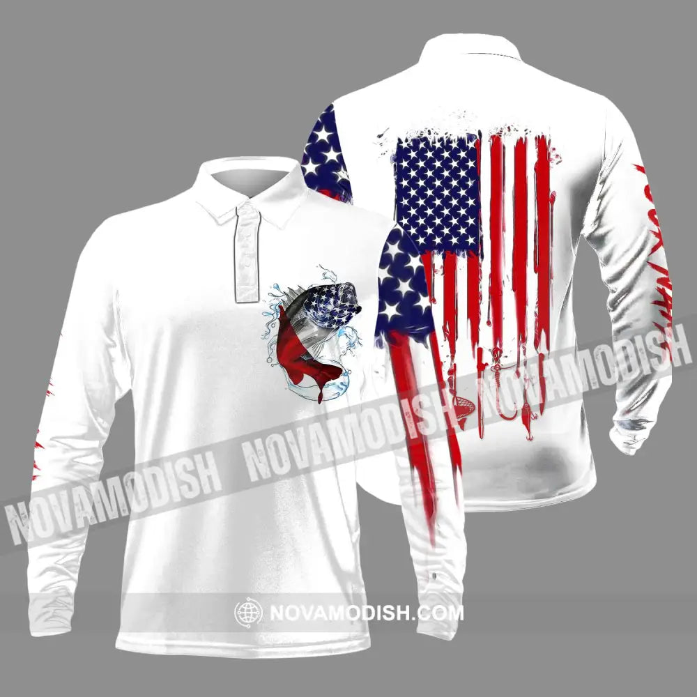 Unisex Shirt - Custom Name American Fishing Sport Shirt Flag Long Sleeve Polo / S T-shirt