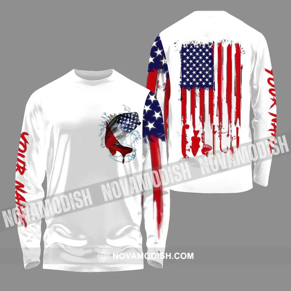 Unisex Shirt - Custom Name American Fishing Sport Shirt Flag Long Sleeve Shirt / S T-shirt
