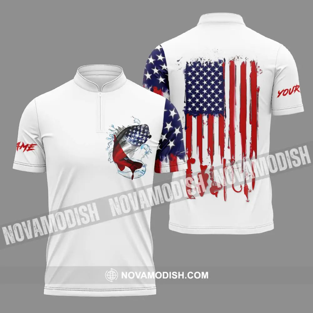 Unisex Shirt - Custom Name American Fishing Sport Shirt Flag Zipper Polo Shirt / S T-shirt