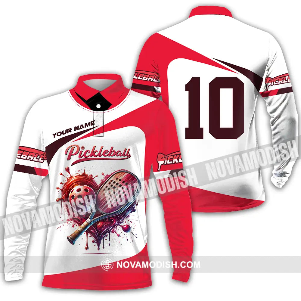 Unisex Shirt - Custom Name And Number Sport Shirt Pickleball Red And White Long Sleeve Polo / S T-shirt