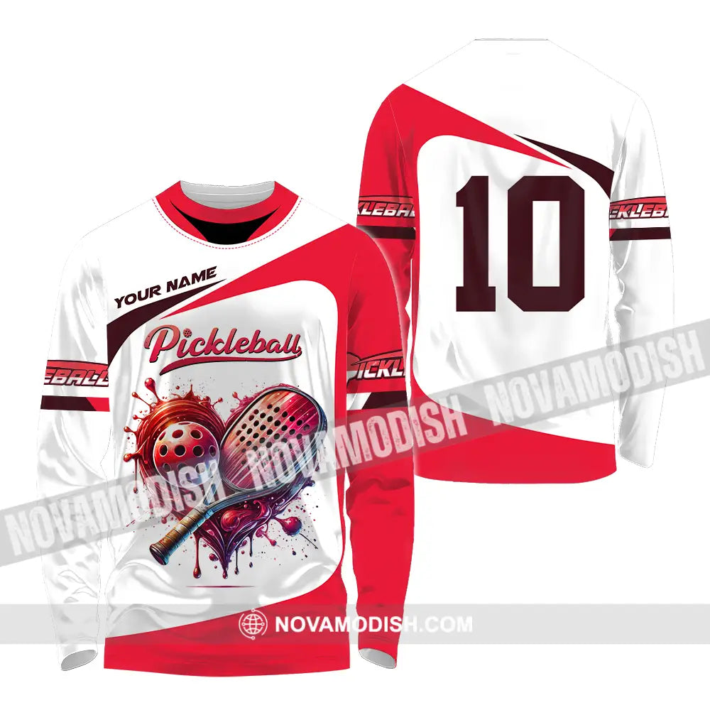 Unisex Shirt - Custom Name And Number Sport Shirt Pickleball Red And White Long Sleeve Shirt / S T-shirt