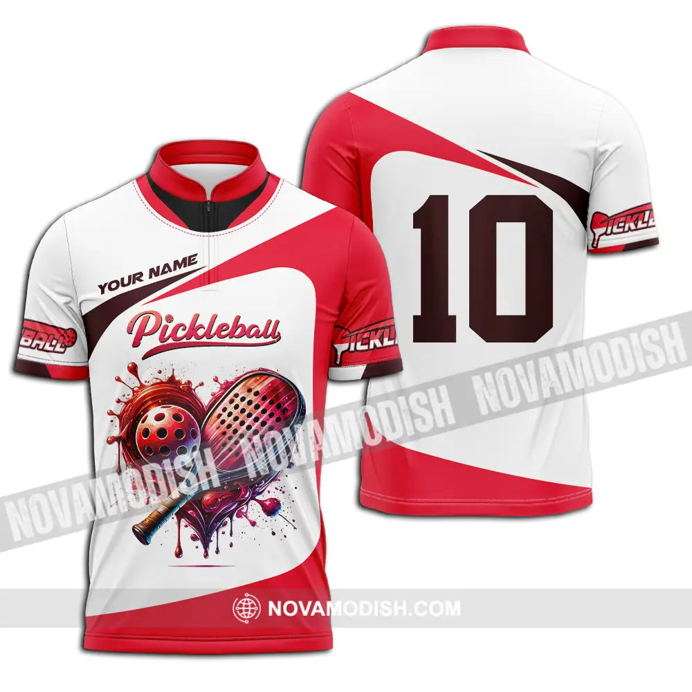 Unisex Shirt - Custom Name And Number Sport Shirt Pickleball Red And White Zipper Polo Shirt / S T-shirt