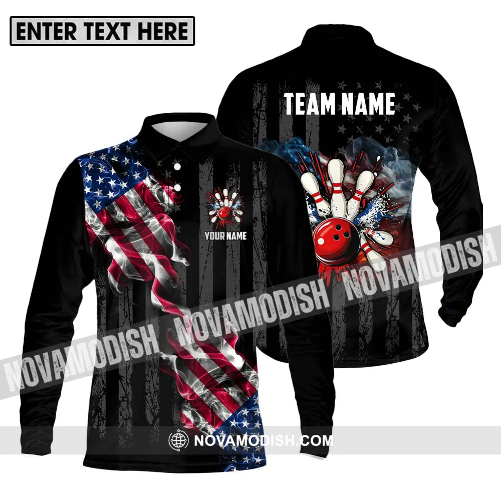 Unisex Shirt - Custom Name And Team Name America Bowling Sport Shirt Long Sleeve Polo / S T-shirt