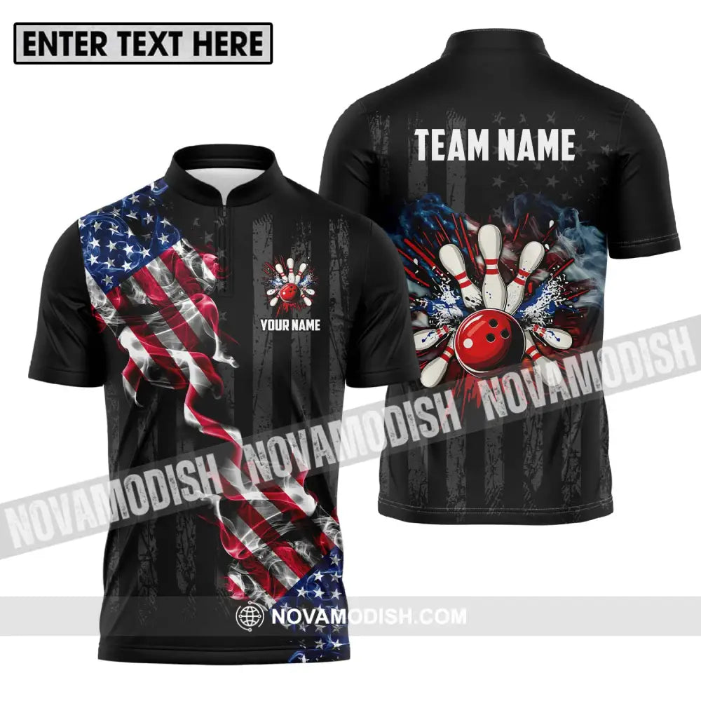 Unisex Shirt - Custom Name And Team Name America Bowling Sport Shirt Zipper Polo Shirt / S T-shirt