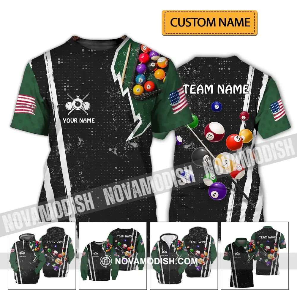 Unisex Shirt - Custom Name And Team Name Shirt - American Billiard Lover Black And Green T-shirt