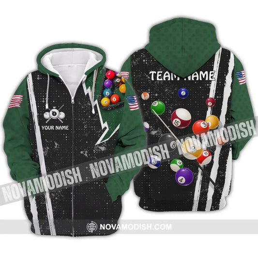 Unisex Shirt - Custom Name And Team Name Shirt - American Billiard Lover Black And Green Zipper Hoodie / S T-shirt