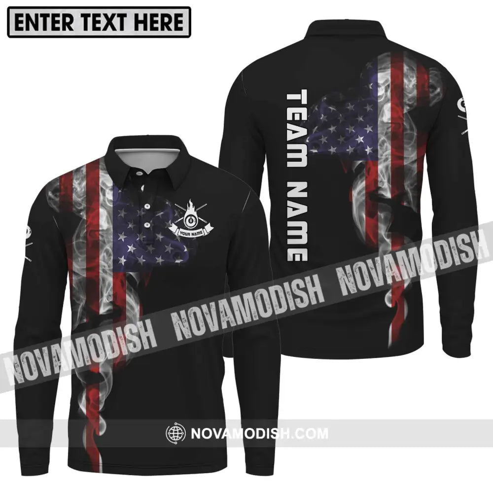 Unisex Shirt - Custom Name And Team Name Billiard Shirt America Flag Billiard Shirt Long Sleeve Polo / S T-shirt
