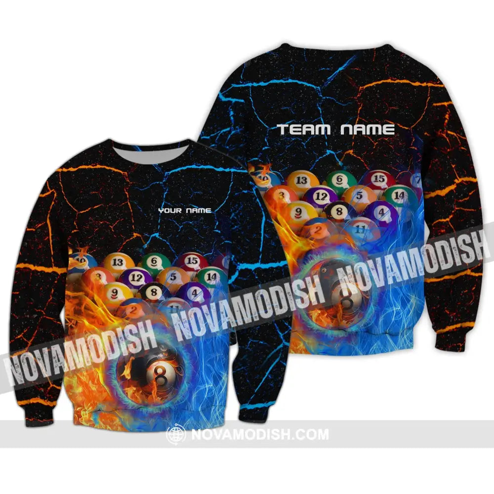 Unisex Shirt - Custom Name And Team Name Shirt -Billiard Balls Fire And Water Long Sleeve / S T-shirt