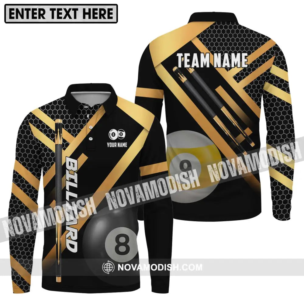 Unisex Shirt - Custom Name And Team Name Billiard Shirt Gold And Black Billiard Shirt Long Sleeve Polo / S T-shirt