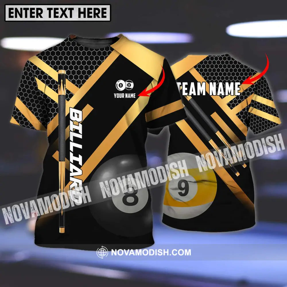 Unisex Shirt - Custom Name And Team Name Billiard Shirt Gold And Black Billiard Shirt T-shirt