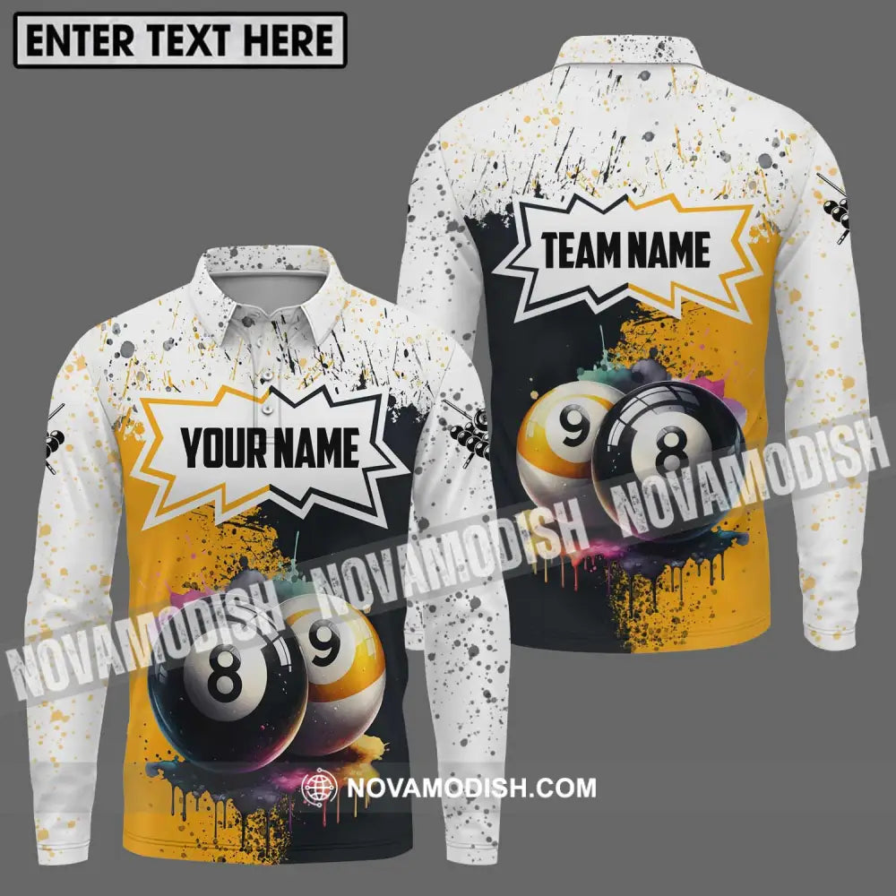 Unisex Shirt - Custom Name And Team Name Billiard Shirt Gold Black And White Billiard Shirt Long Sleeve Polo / S T-shirt