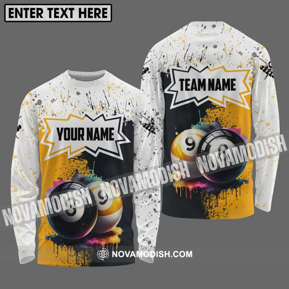 Unisex Shirt - Custom Name And Team Name Billiard Shirt Gold Black And White Billiard Shirt Long Sleeve Shirt / S
