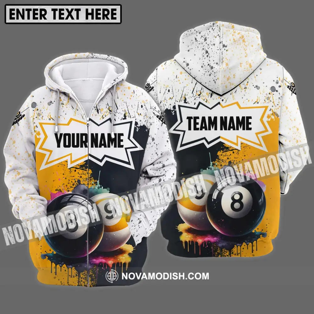 Unisex Shirt - Custom Name And Team Name Billiard Shirt Gold Black And White Billiard Shirt Zipper Hoodie / S T-shirt