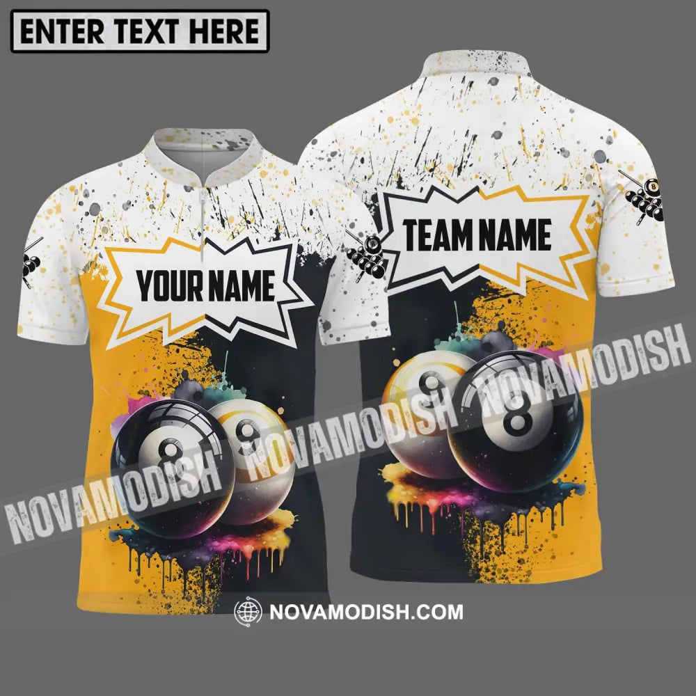 Unisex Shirt - Custom Name And Team Name Billiard Shirt Gold Black And White Billiard Shirt Zipper Polo Shirt / S