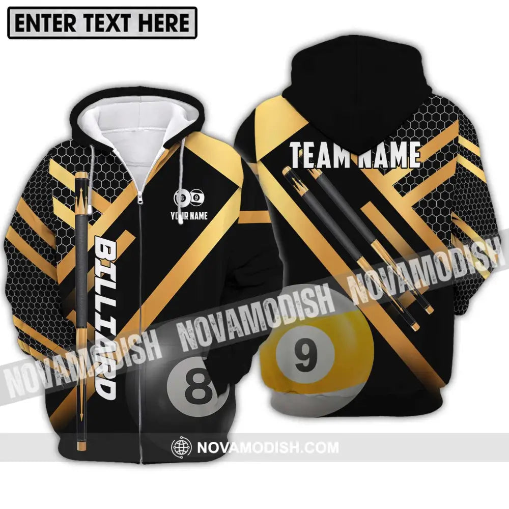 Unisex Shirt - Custom Name And Team Name Billiard Shirt Gold And Black Billiard Shirt Zipper Hoodie / S T-shirt