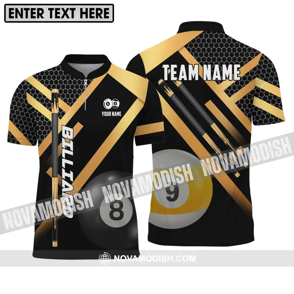 Unisex Shirt - Custom Name And Team Name Billiard Shirt Gold And Black Billiard Shirt Zipper Polo Shirt / S T-shirt