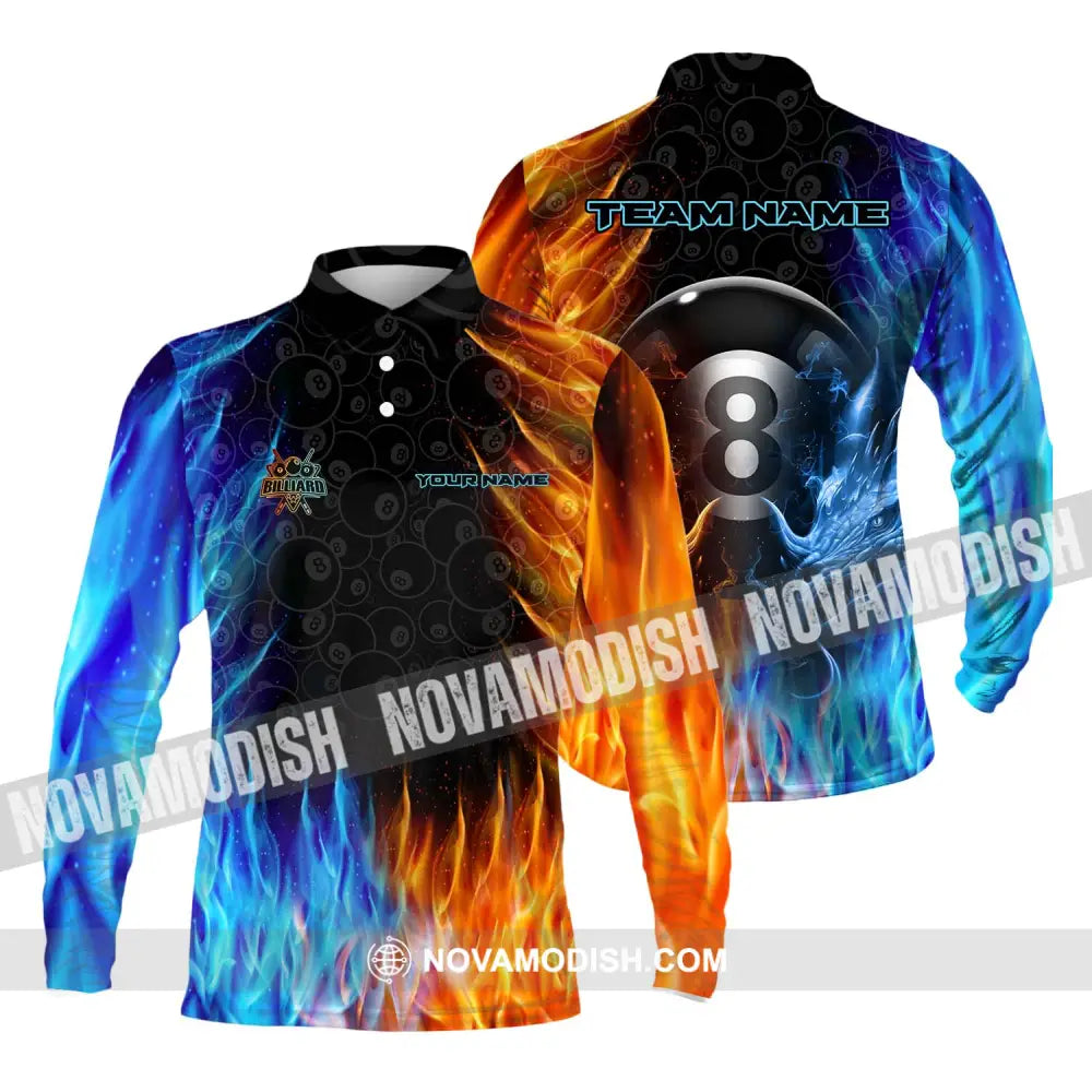 Unisex Shirt - Custom Name And Team Name Billiard Shirt Ice Fire Billiard Long Sleeve Polo / S T-shirt