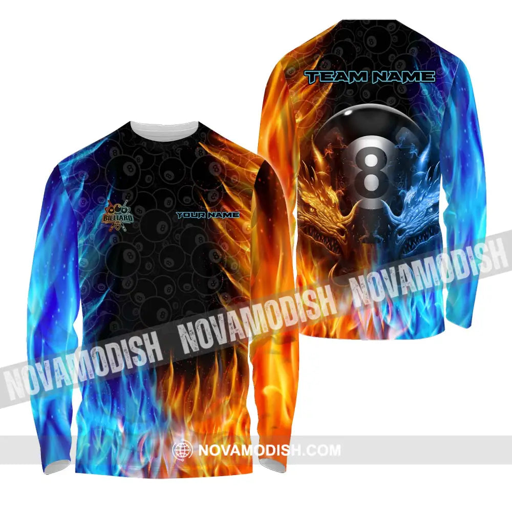Unisex Shirt - Custom Name And Team Name Billiard Shirt Ice Fire Billiard Long Sleeve Shirt / S T-shirt