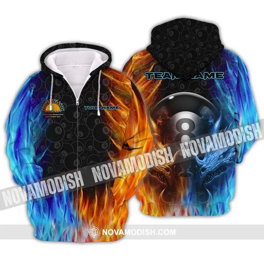 Unisex Shirt - Custom Name And Team Name Billiard Shirt Ice Fire Billiard Zipper Hoodie / S T-shirt