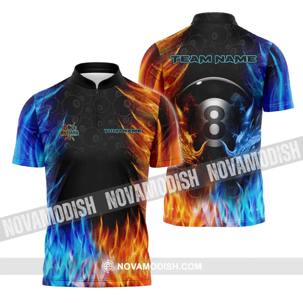 Unisex Shirt - Custom Name And Team Name Billiard Shirt Ice Fire Billiard Zipper Polo Shirt / S T-shirt