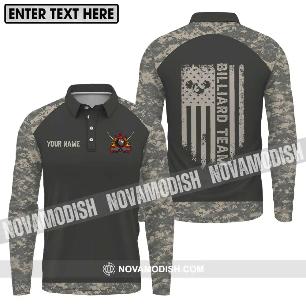 Unisex Shirt - Custom Name And Team Name Billiard Lover Shirt Billiard Camo Long Sleeve Polo / S T-shirt