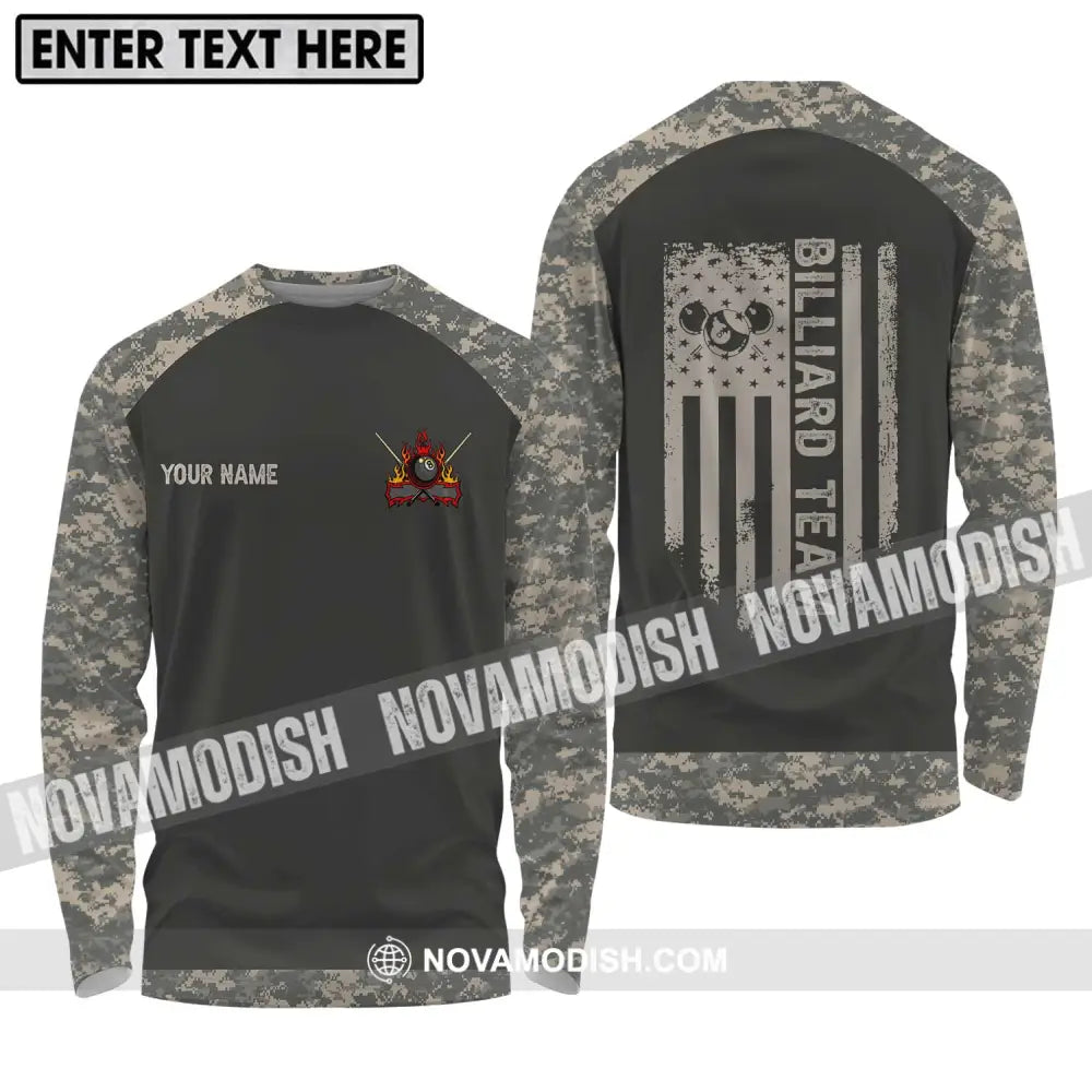 Unisex Shirt - Custom Name And Team Name Billiard Lover Shirt Billiard Camo Long Sleeve Shirt / S T-shirt
