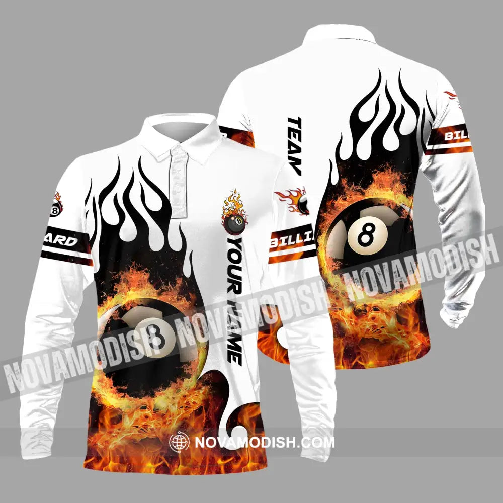 Unisex Shirt - Custom Name And Team Name Billiard Shirt No.8 Fire Long Sleeve Polo / S T-shirt