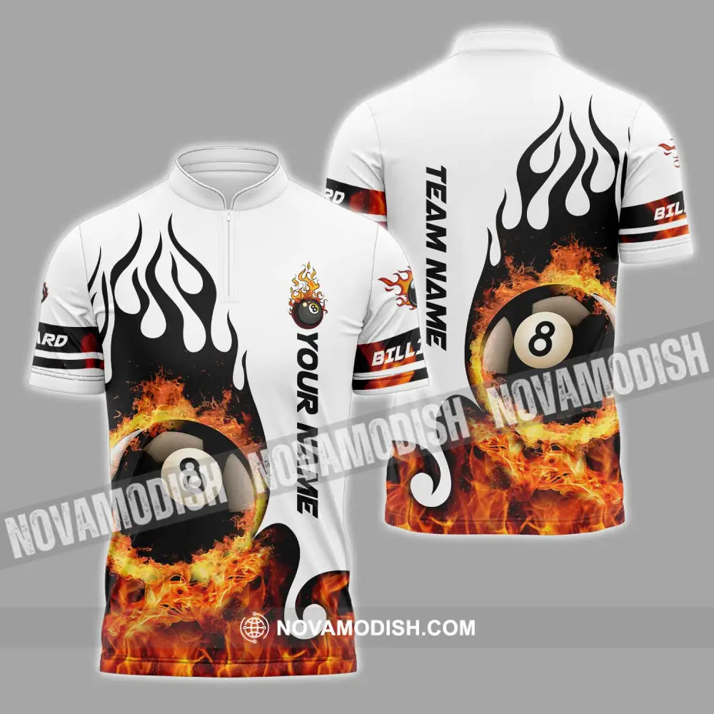 Unisex Shirt - Custom Name And Team Name Billiard Shirt No.8 Fire Zipper Polo Shirt / S T-shirt