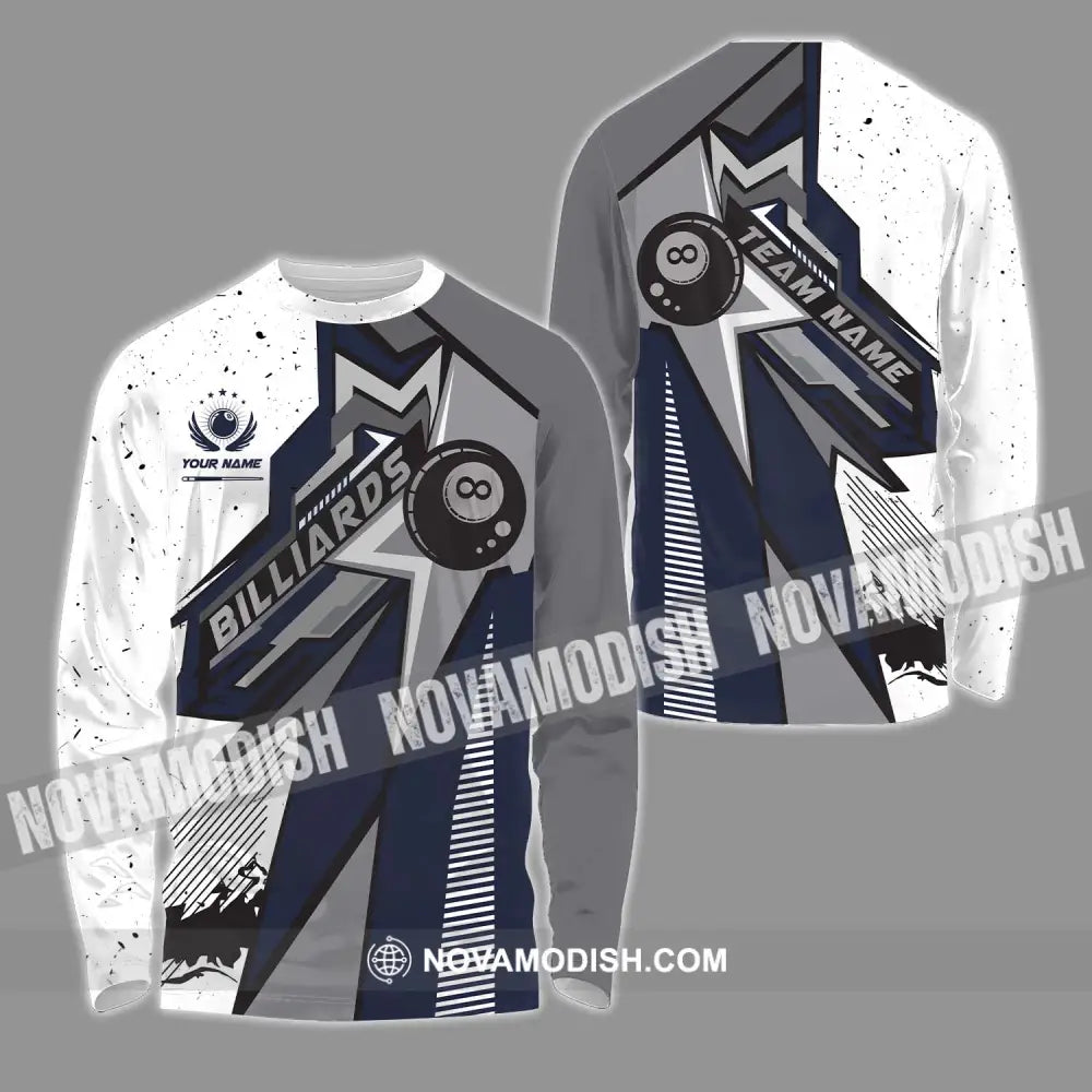 Unisex Shirt - Custom Name And Team Name Billiard Shirt Billiard Silver Gray Long Sleeve Shirt / S T-shirt