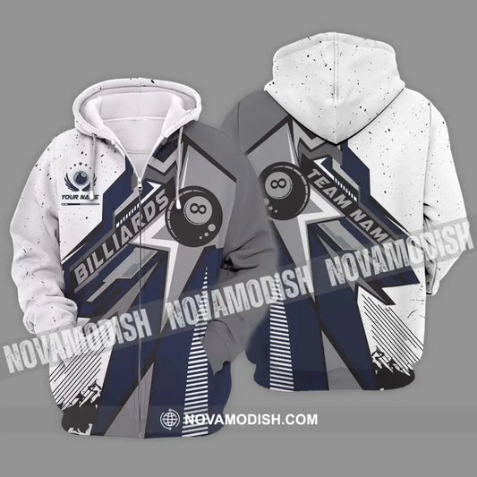 Unisex Shirt - Custom Name And Team Name Billiard Shirt Billiard Silver Gray Zipper Hoodie / S T-shirt