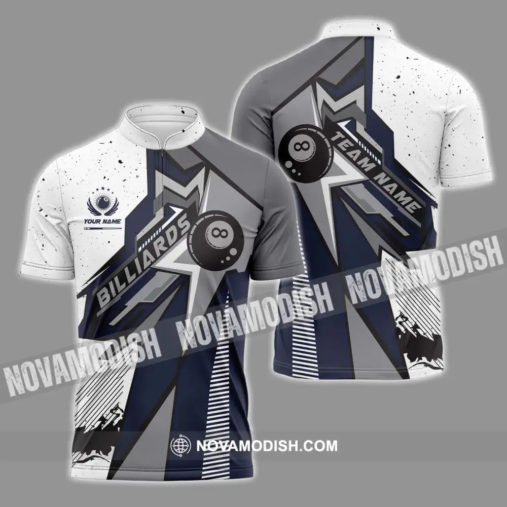 Unisex Shirt - Custom Name And Team Name Billiard Shirt Billiard Silver Gray Zipper Polo Shirt / S T-shirt