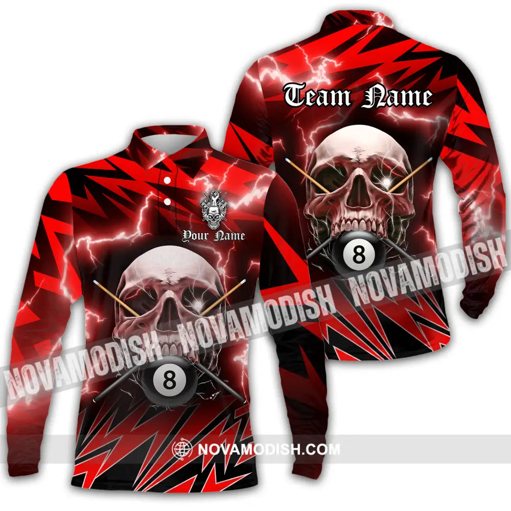 Unisex Shirt - Custom Name And Team Name Billiard Sport Shirt Skull Long Sleeve Polo / S T-shirt