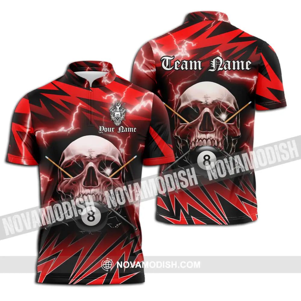 Unisex Shirt - Custom Name And Team Name Billiard Sport Shirt Skull Zipper Polo Shirt / S T-shirt
