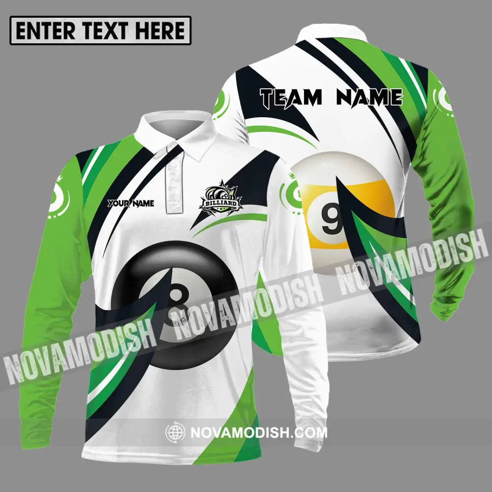 Unisex Shirt - Custom Name And Team Name Billiards Shirt Green Wave Long Sleeve Polo / S T-shirt