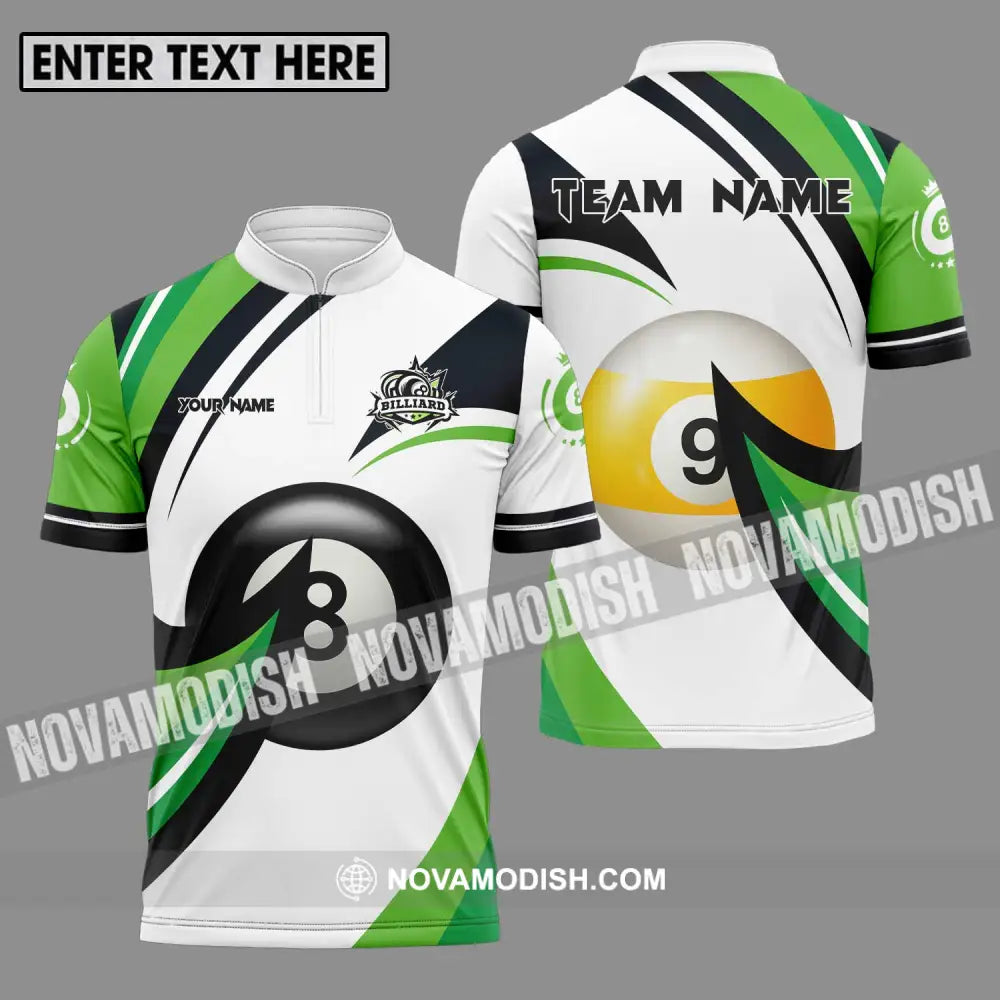 Unisex Shirt - Custom Name And Team Name Billiards Shirt Green Wave Zipper Polo Shirt / S T-shirt