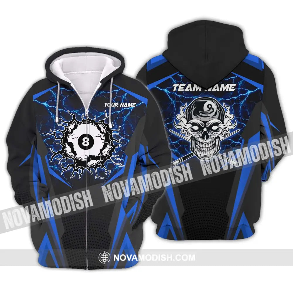 Unisex Shirt - Custom Name And Team Name Shirt Blue Skull Billiard Ball Zipper Hoodie / S T-shirt