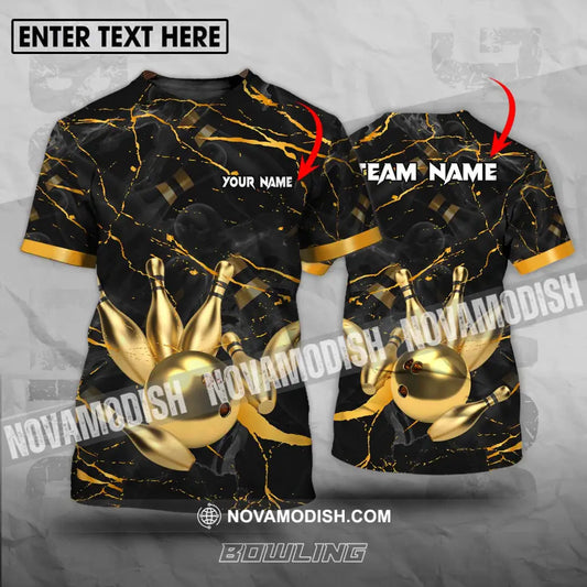 Unisex Shirt - Custom Name And Team Name Bowling Shirt Golden Pins And Ball T-shirt