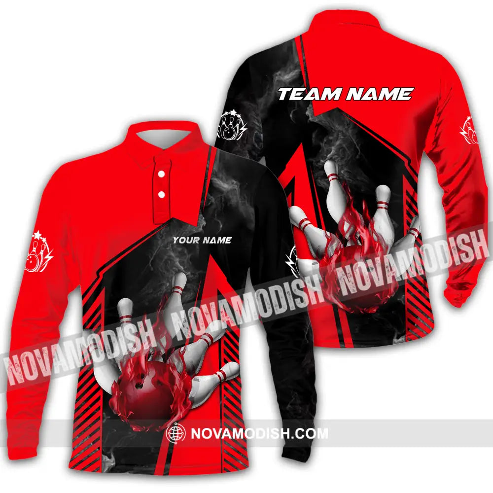 Unisex Shirt - Custom Name And Team Name Bowling Sport Shirt Red Ball Long Sleeve Polo / S T-shirt