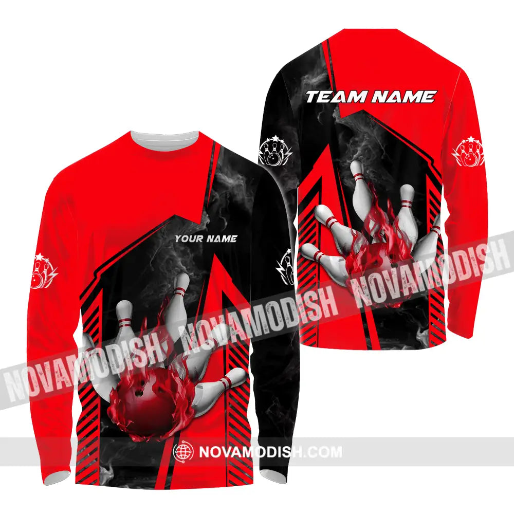 Unisex Shirt - Custom Name And Team Name Bowling Sport Shirt Red Ball Long Sleeve Shirt / S T-shirt