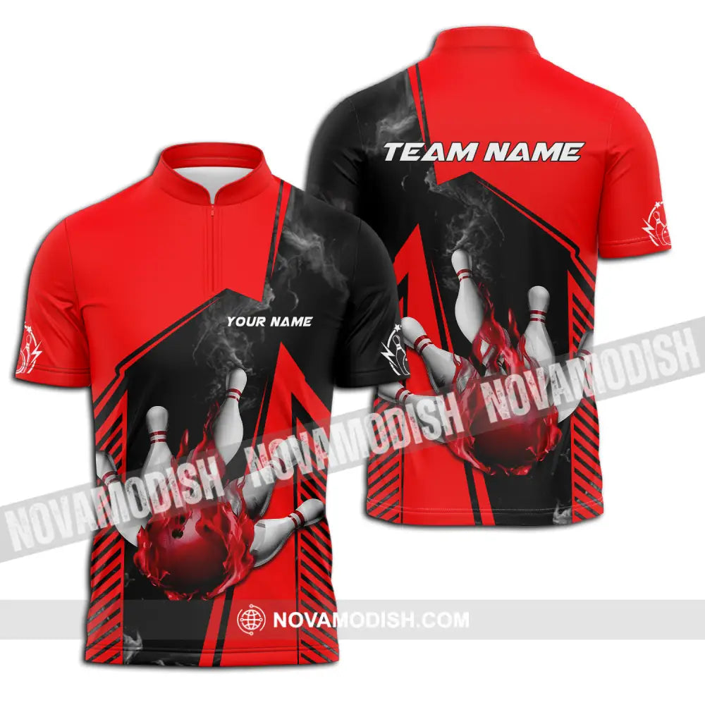 Unisex Shirt - Custom Name And Team Name Bowling Sport Shirt Red Ball Zipper Polo Shirt / S T-shirt