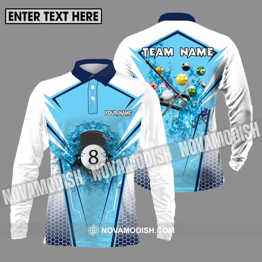 Unisex Shirt - Custom Name And Team Name Shirt For Billiard Lover White And Light Blue Long Sleeve Polo / S T-shirt