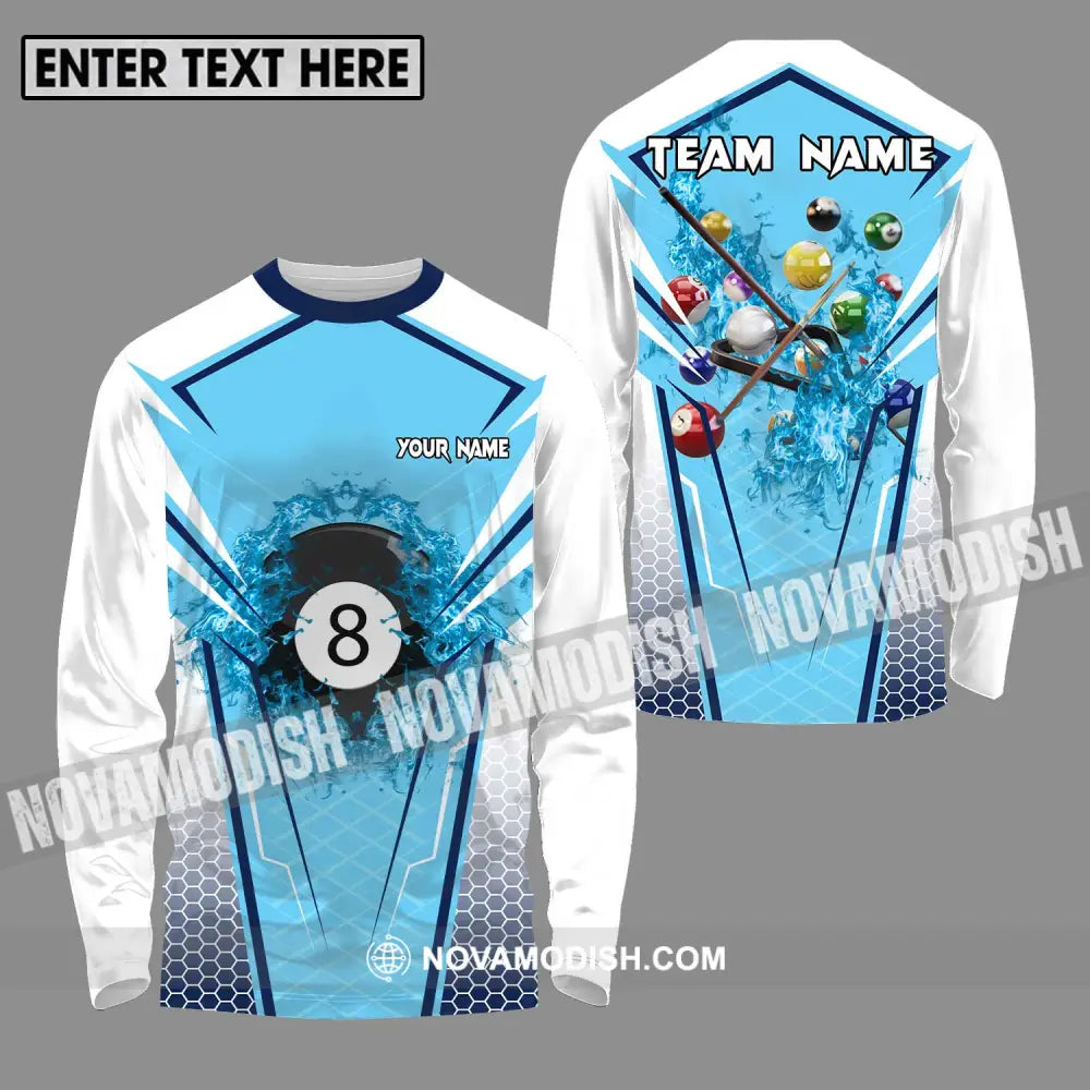 Unisex Shirt - Custom Name And Team Name Shirt For Billiard Lover White And Light Blue Long Sleeve Shirt / S T-shirt
