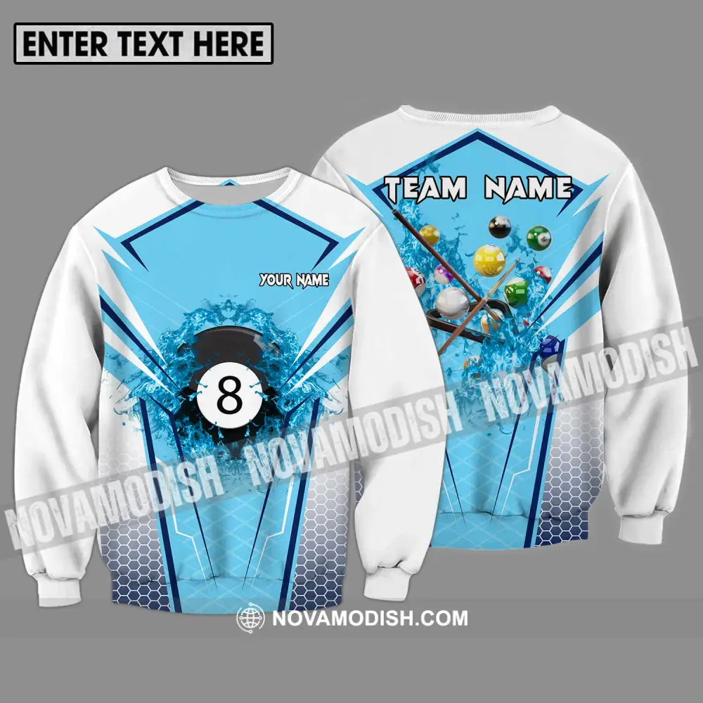 Unisex Shirt - Custom Name And Team Name Shirt For Billiard Lover White And Light Blue Long Sleeve / S T-shirt