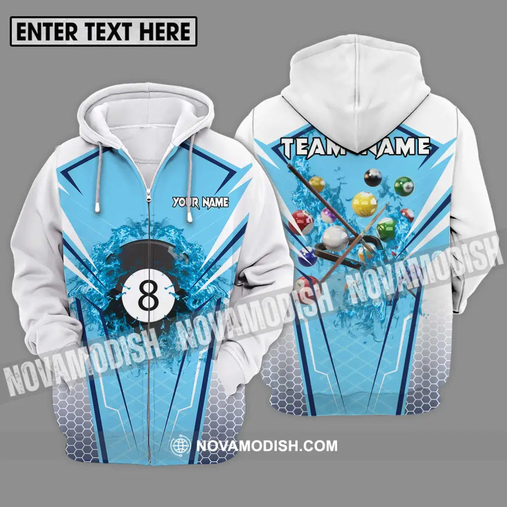 Unisex Shirt - Custom Name And Team Name Shirt For Billiard Lover White And Light Blue Zipper Hoodie / S T-shirt