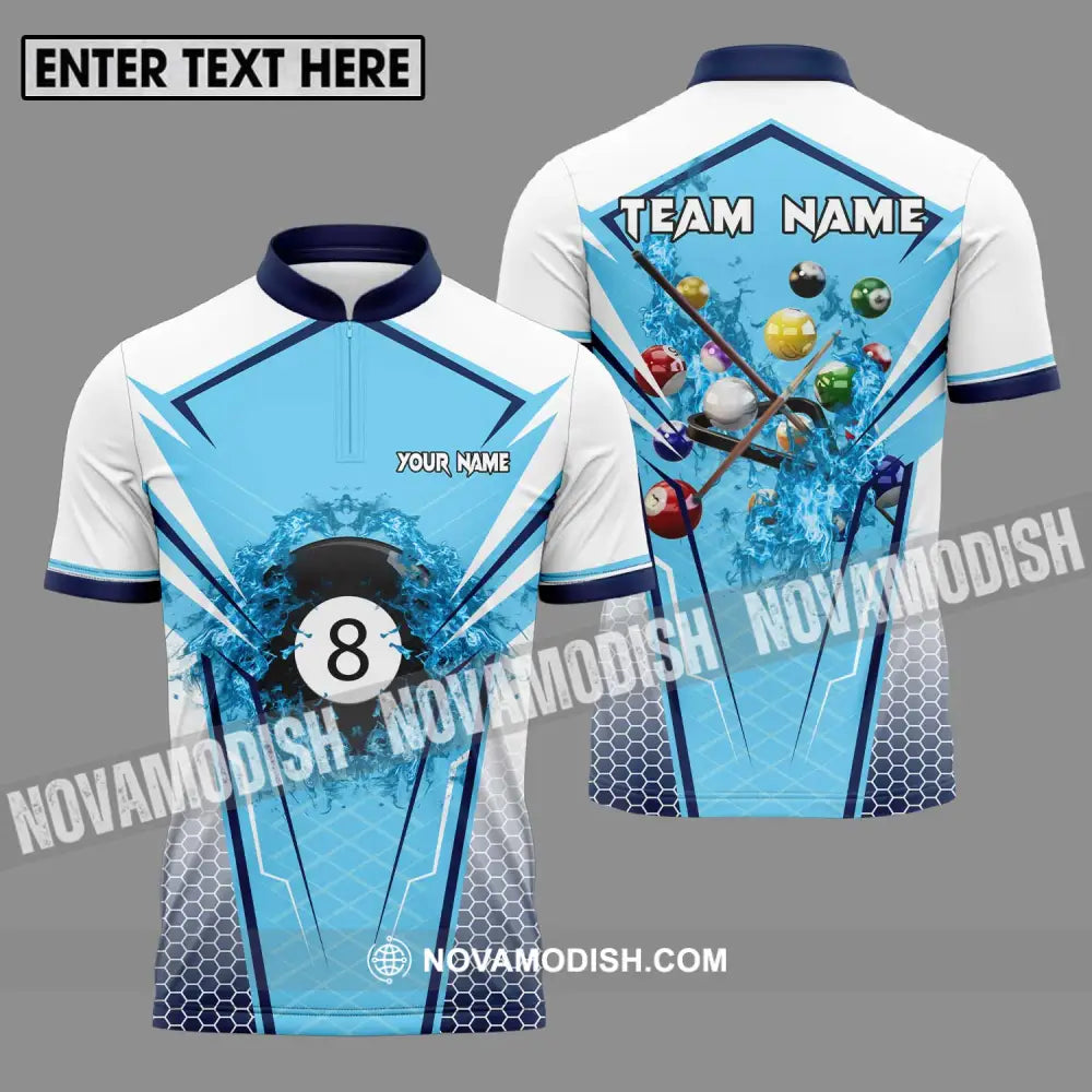 Unisex Shirt - Custom Name And Team Name Shirt For Billiard Lover White And Light Blue Zipper Polo Shirt / S T-shirt