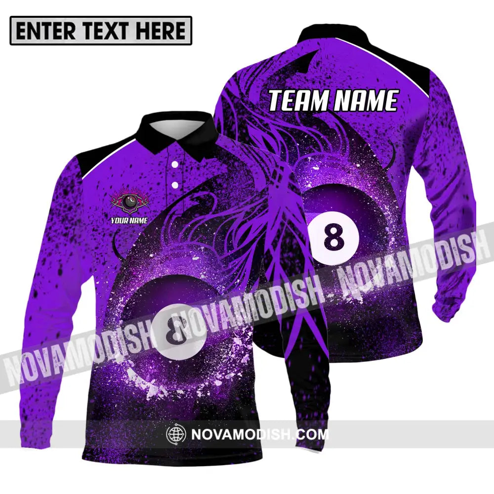 Unisex Shirt - Custom Name And Team Name Shirt Purple Billiard 8 Long Sleeve Polo / S T-shirt